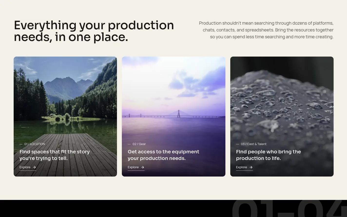 ArtMostSphere section showing location, gear and cast & talent marketplaces as image cards