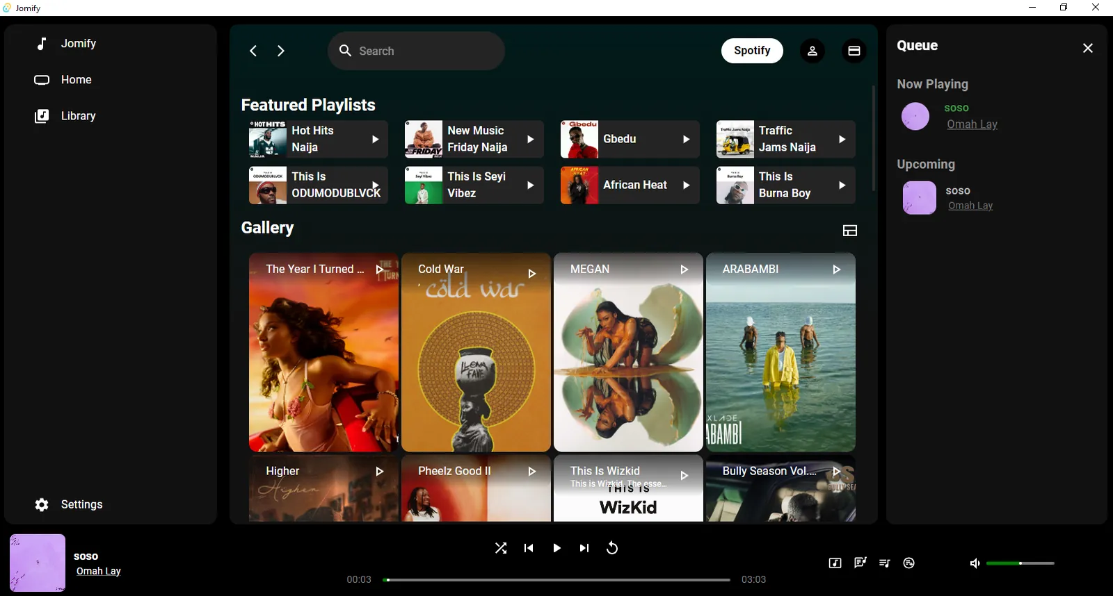 Jomify home screen with featured Spotify playlists and a gallery of albums