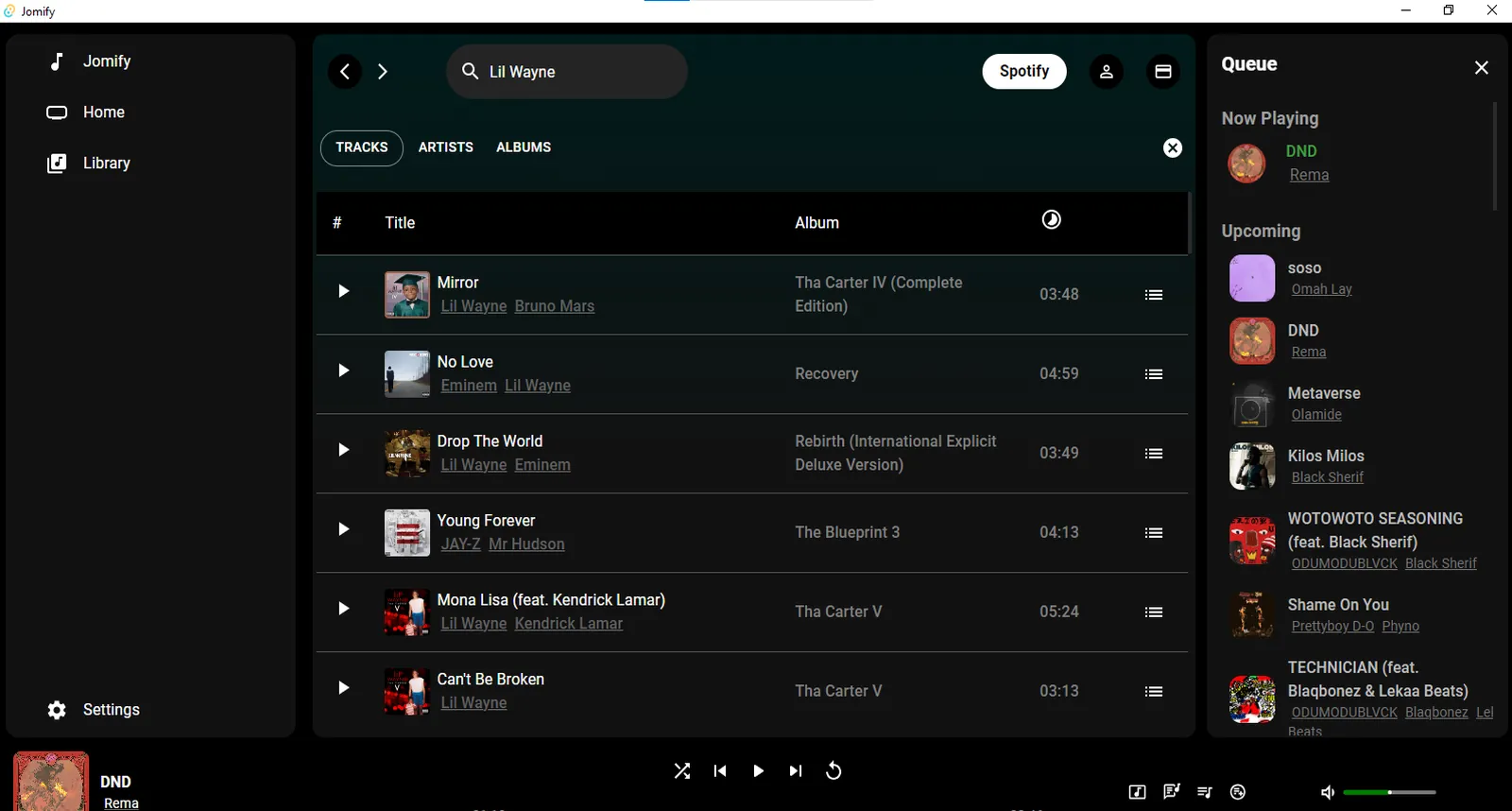Jomify search results for an artist, listing tracks with album and duration